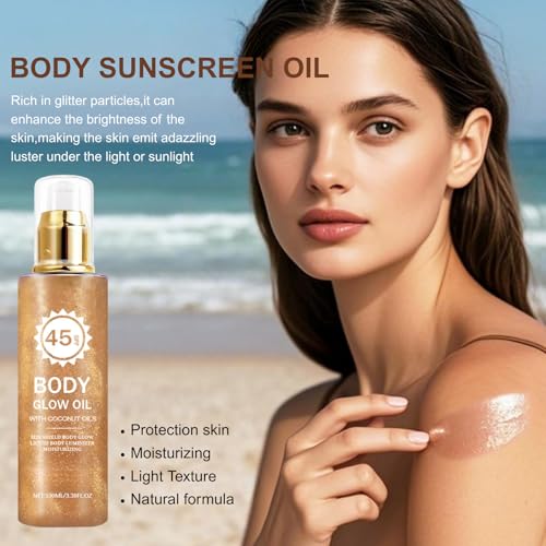 Body Glow Oil with Coconut–Body Sunscreen Oil,Shimmer Body Oils with Gold Mica,Glow Oils for Bodys,Glows Sunscreen,Hydrating & Quick Absorption, Water Resistant for Face & Bodys,SPF 45 - Image 5