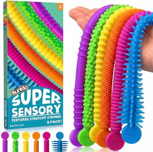 BUNMO Stretchy Strings - Stimulating & Fun Fidget Toys for Kids - Hours of Fun - Non-Mouthable Toy 3+ - Super Sensory 6 Pack