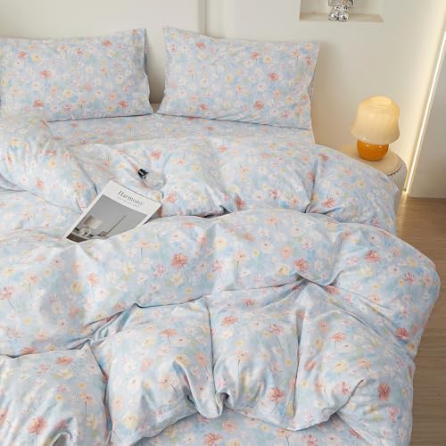 Image of LifeTB Vintage Blue Floral Full Size Comforter Set Cottagecore Bedding Set | Aesthetic Floral Botanical Flowers Comforter for All Season Soft Lightweight Bedding Comforter with 2 Pillowcases