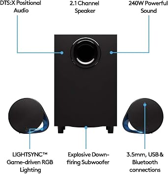 Logitech G560 PC Gaming Speaker System with 7.1 DTS:X Ultra Surround Sound, Game Based LIGHTSYNC RGB, Two Speakers and Subwoofer, Bluetooth, USB, Immersive Gaming Experience - Black