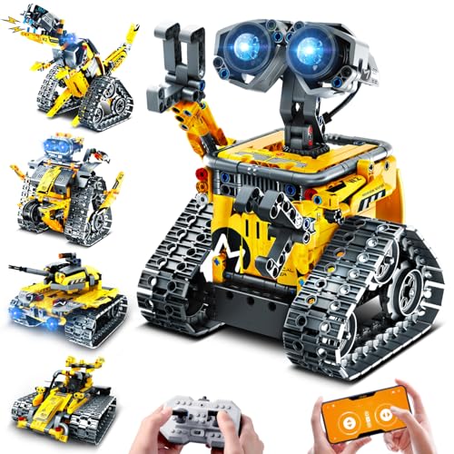 PLAXSOON 5 in 1 Robot Building Set APP Remote Control Wall Robot Tank Car Dinosaur Model 520 PCS Rechargeable RC Tech Building Block Toy Birthday Gift for Kids Boys Girls Ages 6 7 8 9 10 11 12+