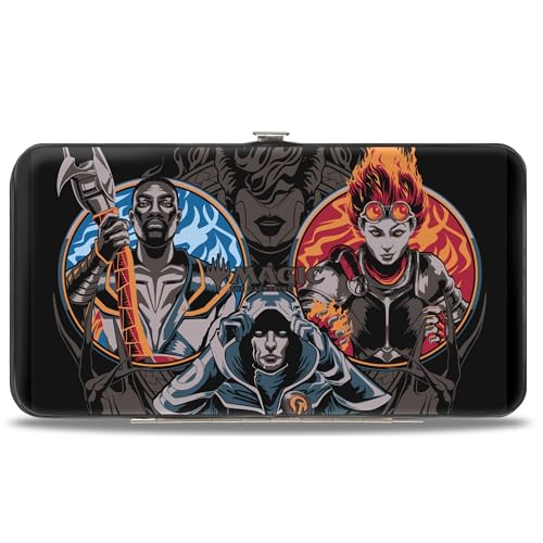 Wizards of the Coast Wallet, Hinged, Magic Three Planeswalker Poses and Logo Black Multi Color, Vegan Leather