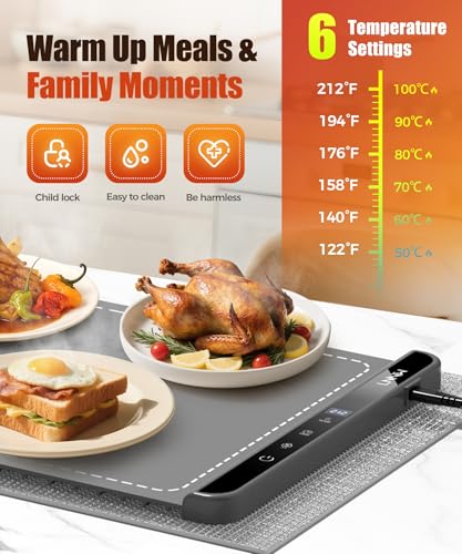 Image of Warming Mat for Food, 36x15 Inch, Dark Grey, Fast Heat, Child Lock