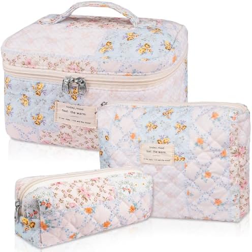 Makeup Bag Set, Quilted Makeup Bag, Large Floral Cosmetic Bag for...