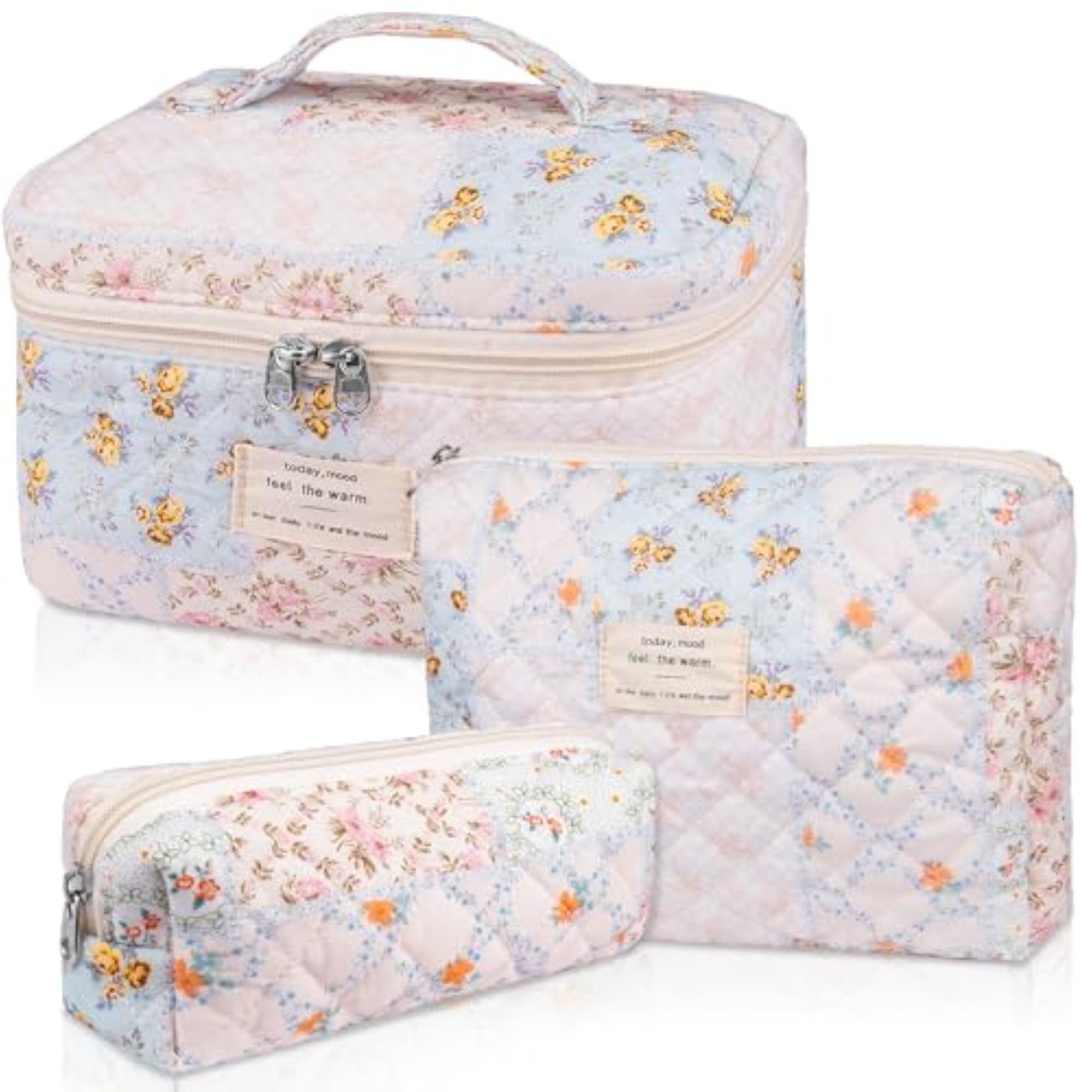Quilted Floral Makeup Bag Set, Large Cosmetic Organizer
