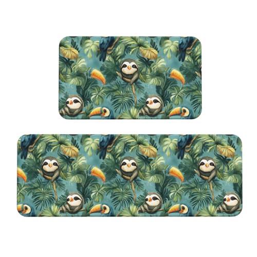 GVYGVY Antifatigue Kitchen Mats for Floor 2 Piece - Taucan and Sloth Print Kitchen Rugs Washable, Non Slip Runner Rug Standing Mat for Office/Bathroom/Laundry/Home Decor and Accessories