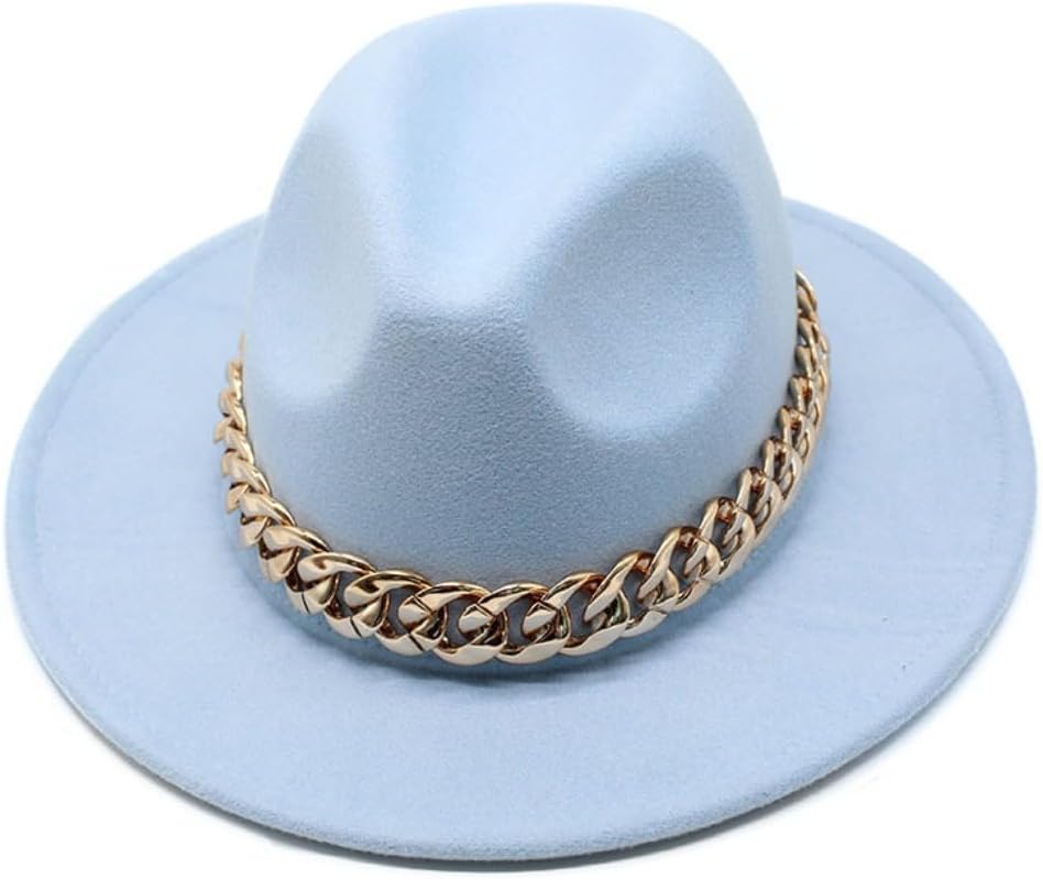 White Felt Fedora Hat with Gold Chain Band, Wide Brim Western Style