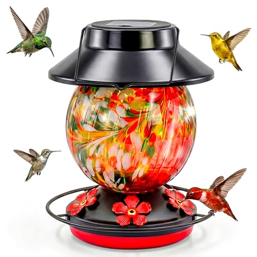 Solar Hummingbird Feeder for Outdoors 24oz Solar Powered Hummingbird Feeder Hand Blown Glass 7 Color Changing for Outdoors Garden Hanging Water-Proof Leak Proof Wild Bird Feeders Gifts for Women Mom