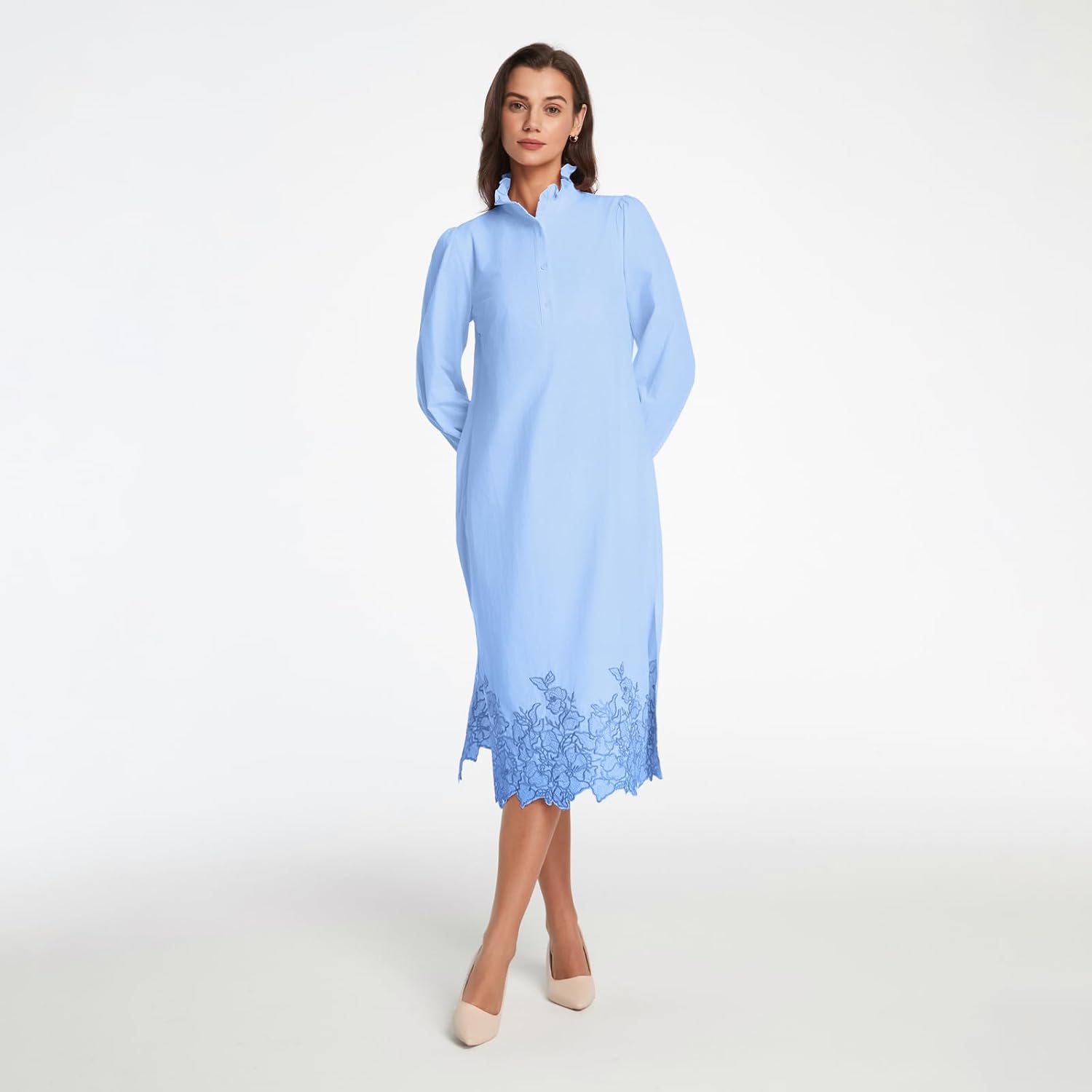 Womens Button Down Shirt Dress Long Sleeve Casual Flower Embroidery Slit Midi Dresses - Image 4