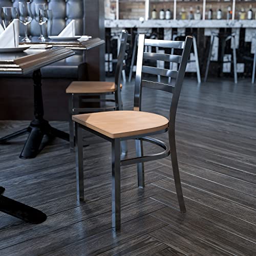 Image of Flash Furniture HERCULES Series Clear Coated Ladder Back Metal Restaurant Chair - Natural Wood Seat