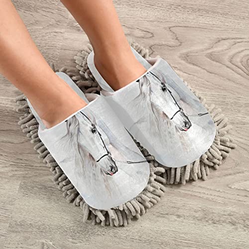Kigai Microfiber Cleaning Slippers White Beauty Horse Washable Mop Shoes Slipper For Men/Women House Floor Dust Cleaner, Size M #TOP3