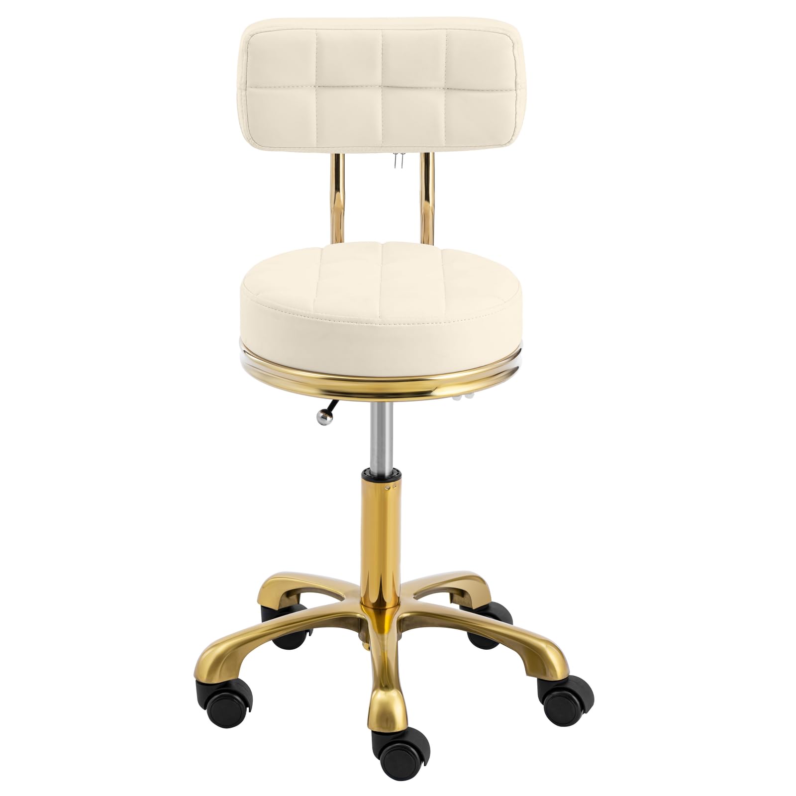 physa Taburete con ruedas, respaldo y altura de asiento regulable en 51 - 66 cm para hasta 150 kg beis/dorado Taburete de peluquería estética regulable en altura Banqueta de trabajo