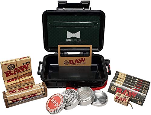RAW Black Rolling Papers 1 1/4 (6 Packs), Pre Rolled Tips (3 Packs), Roller, Hemp Wick, Magnifier Card with RPD Grinder, Hippie Butler Airtight Carrying Case and Smell Proof Pouch - Bundle - 15 Items