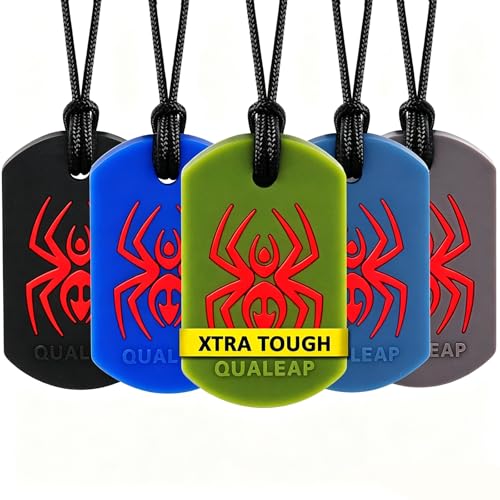 Image of Xtra Tough Spider Sensory Chew Necklace for Kids (5 Pack) - Chewing Necklace Teething Teether Necklace Chew Toys - Designed for Chewing, Autism Sensory Teether Toy (Moderate & Aggressive Chewer)