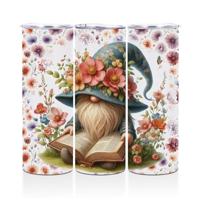 20oz Stainless Steel Tumbler Gnomes Gifts for Women Straight Skinny Water Bottle Reading Gnome Travel Coffee Mug Insulated Tumblers Cups for Book Lover Friend Christmas Birthday