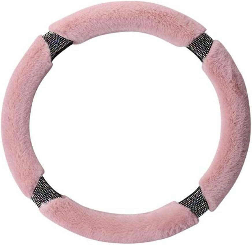 D-CC Crystal Diamonds Fluffy Steering Wheel Cover for Women Girls Luxury Decor Breathable Odorless Universal 15 Inch Car Wrap Cover (E, Pink)