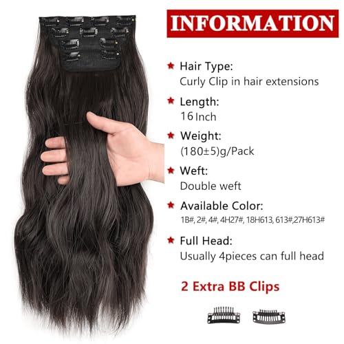 Xtrend 16Inch Wavy Clip in Hair Extensions - Synthetic Hair Pieces for Women & Girls - 4PCS Full Head Set - Thick Curly Wavy - 56# - Image 2
