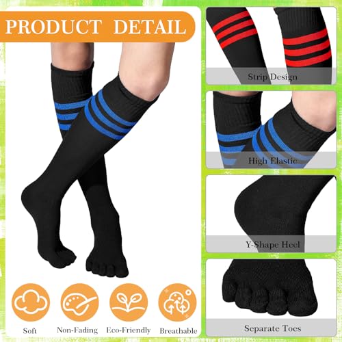 Sureio 6 Pairs Knee Thigh Toe Socks Toes Separated Cotton Striped High Athletic Socks Soccer Football3