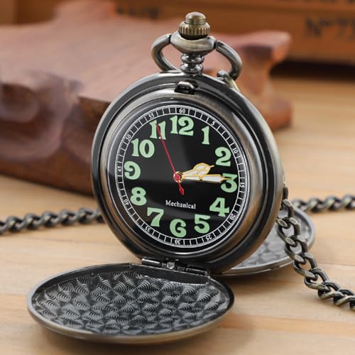 Image of Men's Mechanical Pocket Watch Black Rudder Pattern Double Open Hollow Roman Numerals Pocket Watch