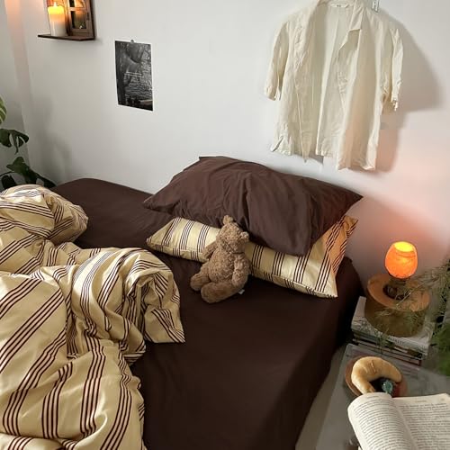 Image of MKXI Full Size Reddish-Brown & Yellow Striped Duvet Cover Set 3 Piece Vintage Aesthetic Bedding, 100% Cotton Duvet Cover with Zipper & Corner Ties, Minimalist Design for Teens, Dorms & Modern Bedrooms