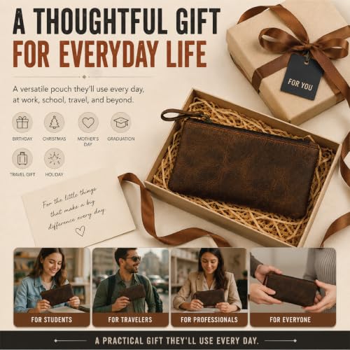 Image of Leather Pencil Pouch, Currency Pouch, Leather Pencil Case, Zippered Pouch Paper Money, Pen Case, Pen & Marker Case, Pencil Case For Artists & Professionals (Brown)