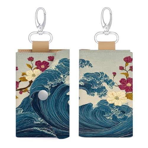 Cherry Tree Great Wave Key Holder Bag PU Leather ID Card Holder Keychains Case Cover for Men Women3