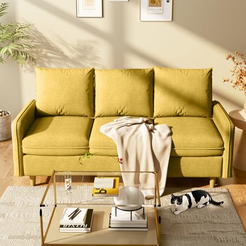 Meeyar 3 Sitzer Sofa, 221 cm Kleines Sofa mit Massivholzbeinen und Seitentaschen, Abnehmbare Bezüge, Kurzplüschstoff Sofa für Wohnzimmer, Schlafzimmer, Büro, Wohnung,Gelb