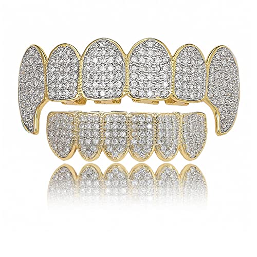 Braces Festival Ball Fangs Dentures Micro-Set Zircon Braces Grills, Gold (Set)