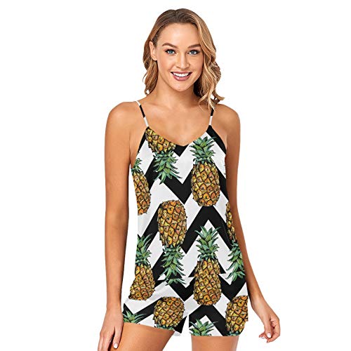 Pineapples Seamless On Black White Chevron 2 Pcs Women's Pajamas Set, Camisole Satin Silk Lingerie Sleepwear, Sleeveless Print Silky Shorts Loungewear Nightwear(M) #TOP17