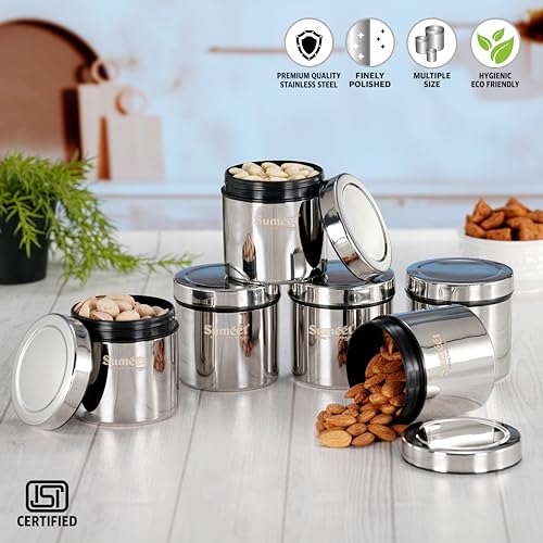 Image of Sumeet ISI Certified Stainless Steel Air Tight Storage Container /Jar /Canister /Dabba with Threading Screw Cap for Kitchen - Pack of 6Pc, 8.3cm, 350ml, Silver