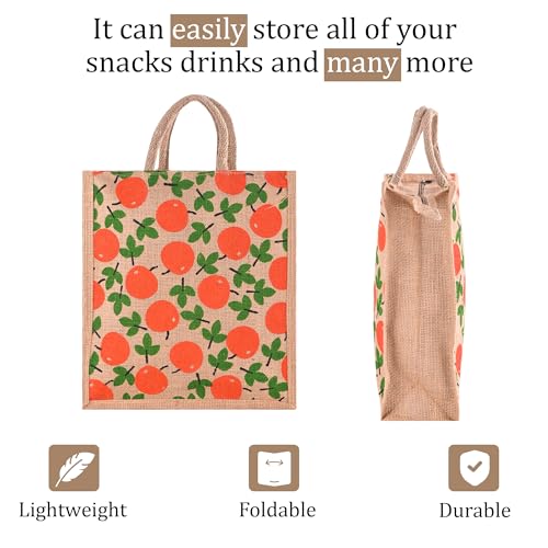 Image of Kuber Industries Jute Shopping Bag for Women with Handle | Multipurpose and Reusable Carry /Shopping Bag for Grocery | Apple Print - Brown & Red