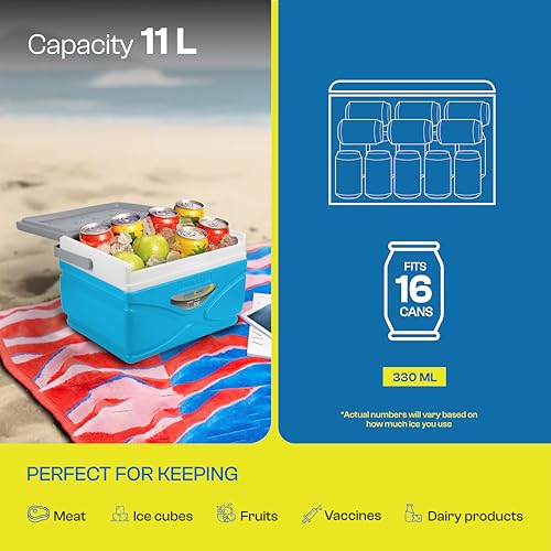 Image of Pinnacle Prudence 11L Chiller Ice Box | Fits 16 Cans | Hold Ice Upto 48hrs | Lid Used as Tray | Portable Insulated Ice Cooler Box for Car Travel,Parties, Medical, Picnics, Camping, Sports