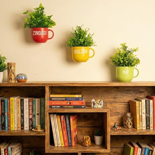 Image of Dekorly Colorful Wall-Mounted Mug Planters with Faux Greenery(20 CM)- Wall Decorative Pots for Vibrant Home & Office Decor| (3, Zindagi Gulzar Hai)
