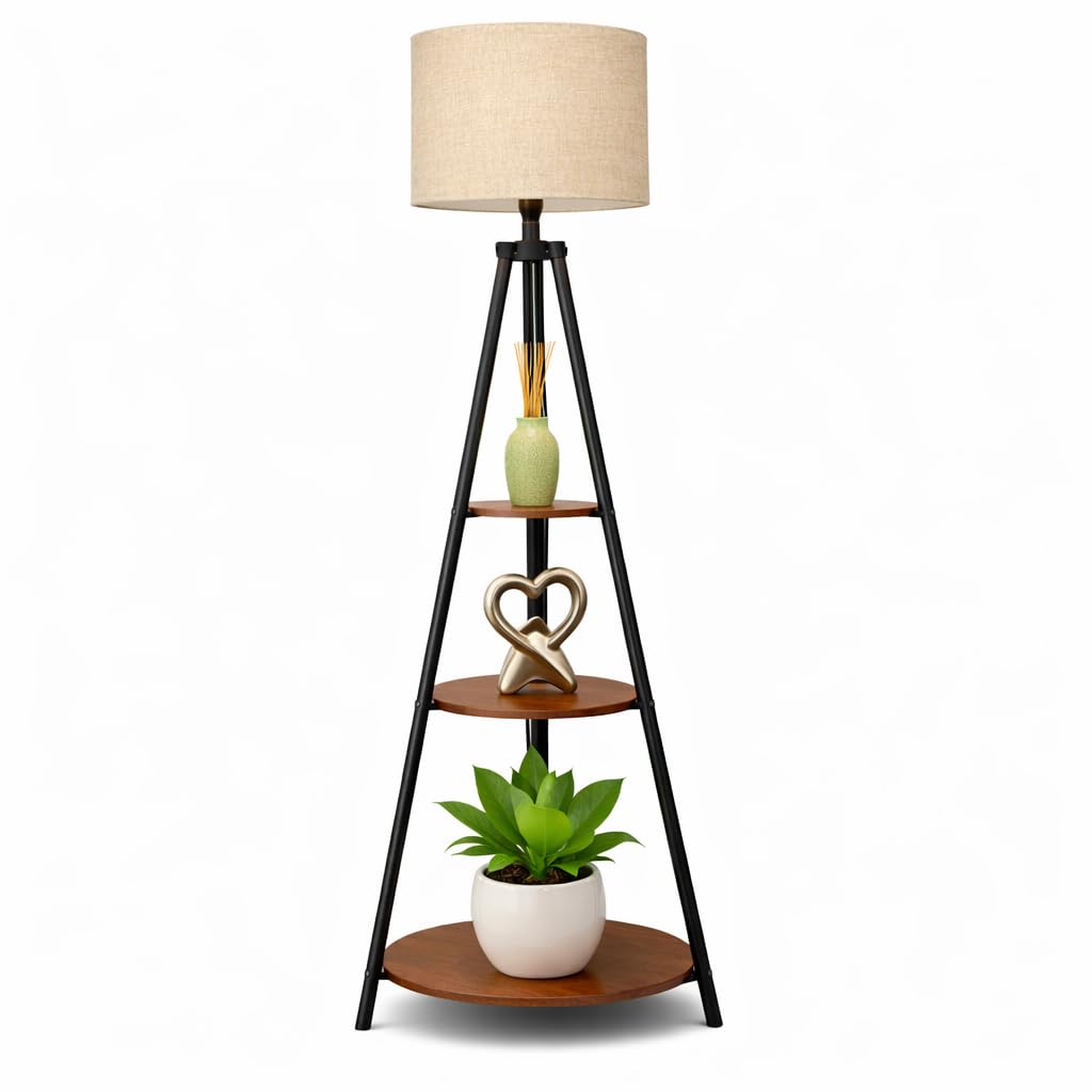 Tripod Floor Lamp with 3-Tier Shelves | Modern Standing Lamp for Living Room, Bedroom & Sofa Side | Fabric Shade Floor Light with Storage | Black Metal Frame