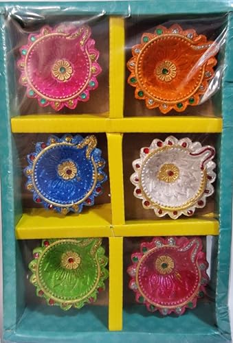 Traditional Decorative Colorful Diya (Set of 6) Handcrafted Clay Lamps for Puja Festivals Diwali & Home Decoration (Pack of 1)