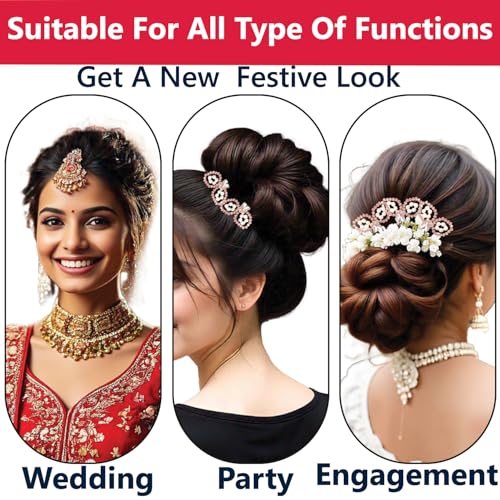 Image of TEMPERIA (4 pcs) Crystal U Pin Hair Accessories For Women & Girls - Artificial Flowers Bun Juda Bridal Pins for Hairstyle & Decoration - Pins & Clips for Style of Bride - Pink & White (MN01)