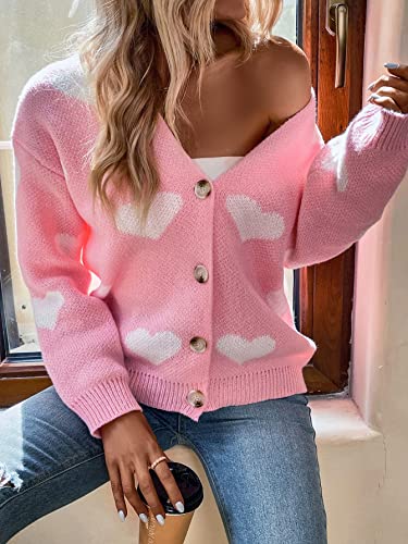 SHENHE Women's Button Down Cardigan Cute Heart Print V Neck Soft Cardigan Sweater Coat3