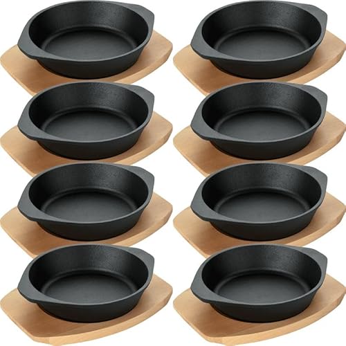 8x Servierpfanne mit Holzuntersetzer und Lappengriffen Ø 18 cm Gusseisen