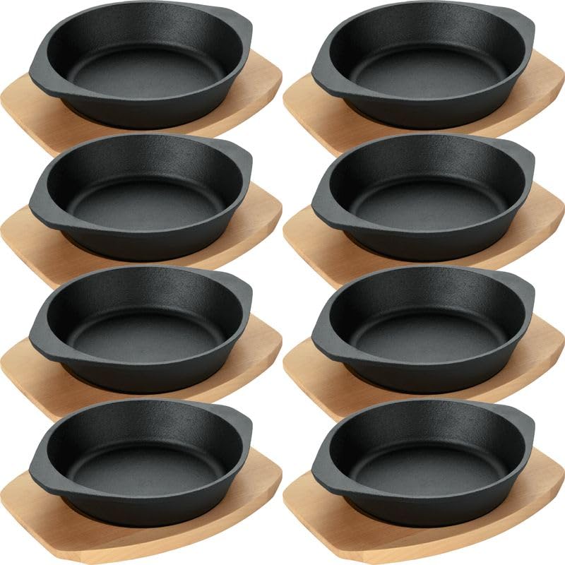 8x Servierpfanne mit Holzuntersetzer und Lappengriffen Ø 18 cm Gusseisen