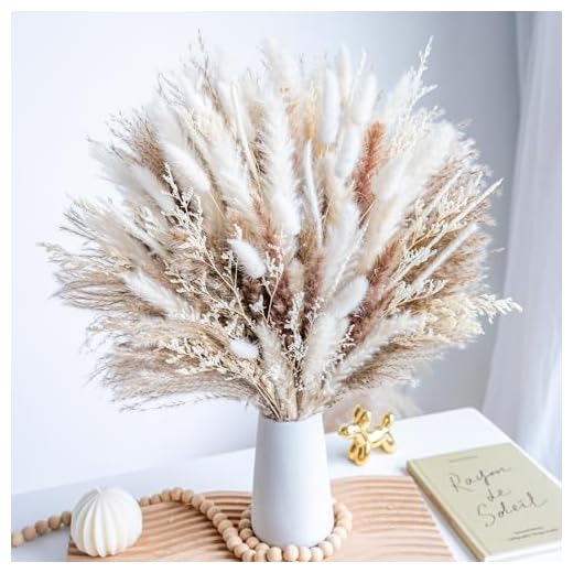 96PCS Natural Dried Pampas Grass Boho Home Decor Bouquet Phragmites Dried Flowers Bouquet for Wedding Floral Arrangements Home Decorations (96PCS)