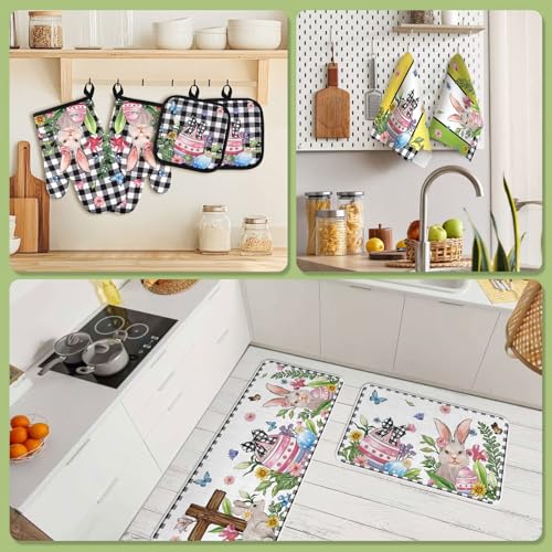 snaxuda 10 Pcs Kitchen Decor Set Bunny Kitchen Towels and Rugs Oven Mitts Pot Holders Absorbent Towels for Baking Cooking BBQ Gifts Home Decor Easter - image 7