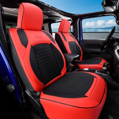 Image of Coverado Seat Covers for 2018-2026 Jeep Wrangler, Waterproof Leather Car Seat Covers, Custom Seat Cushion Protector Custom Fit for Jeep Wrangler JL 4 Door Sahara Sport Rubicon, Full Set, Red