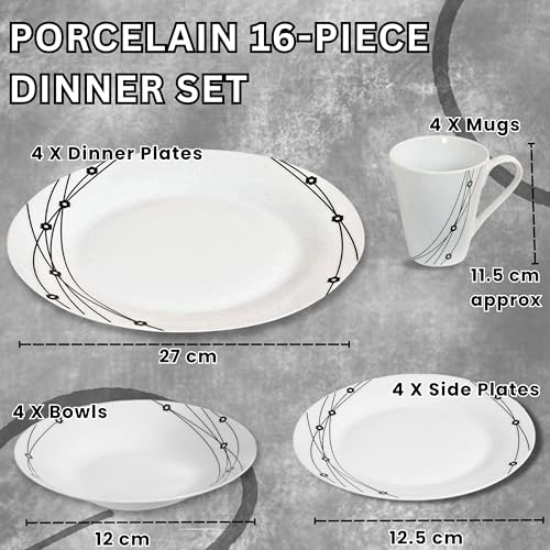 Reldor 16-Piece Round Porcelain Dinner Set for 4– 4 Dinner Plates and Bowls Set with 4 Side Plates & Mugs, Dishwasher Safe, Highly Resistant Dinnerware, Kitchen & Dining, Black Pattern - Image 3