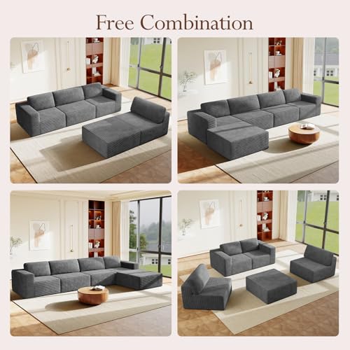 Image of Vesgantti 159 inch Large Modular Sectional Sofa, L-Shaped Corduroy Cloud Couch with Deep Seats & Spring Support, 4-Seater Boneless Sofa with Movable Ottoman, No Assembly Needed, Grey