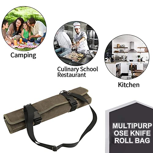 QEES Chef’s Knife Roll Bag,Waxed Canvas Chef Knife Bag,Portable 10 Slots Chef Knife Case Plus 1 Zipper Pockets Hold Home Kitchen Knife Tools Up To 18.8”,Heavy Duty Knife Bags For Chefs - Thumbnail 4