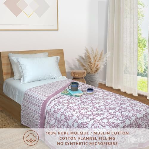 Image of TOAIArt Premium Jaipuri Dohar | AC Blanket Summer Quilt | Hand Block Printed | 3 Layers | Reversible | 150GSM 100% Mulmul Cotton| 100% Cotton Flannel Filling | Single 60 inch X 90 inch|Vintage Pink Kalamkari