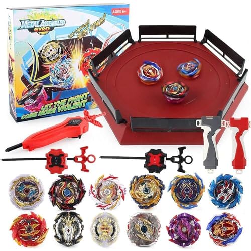 TUKIIE Battling Top Stadium Gyro Toy Set, 12 Spinning Tops with 3 Launchers, Metal Fusion Fighting Top Set Toys Xmas Birthday Present for Boys Kids Ages 6+