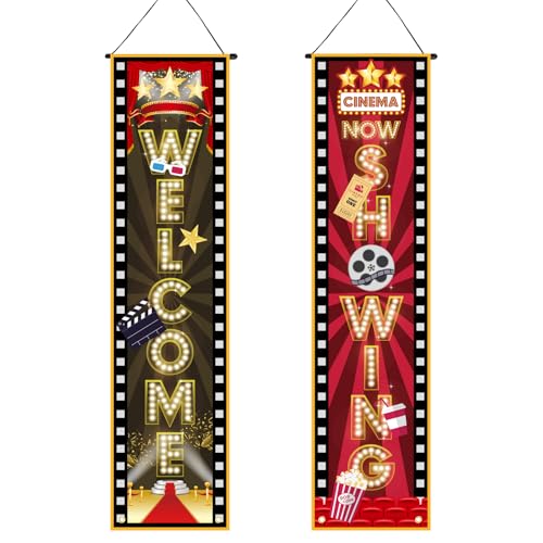 2pcs movie night porch banner, 47.24x11.81in Welcome Now Showing Hanging Sign Movie Night Theme Party Decorations Supplies for Home Film Camera Action Party Backdrop