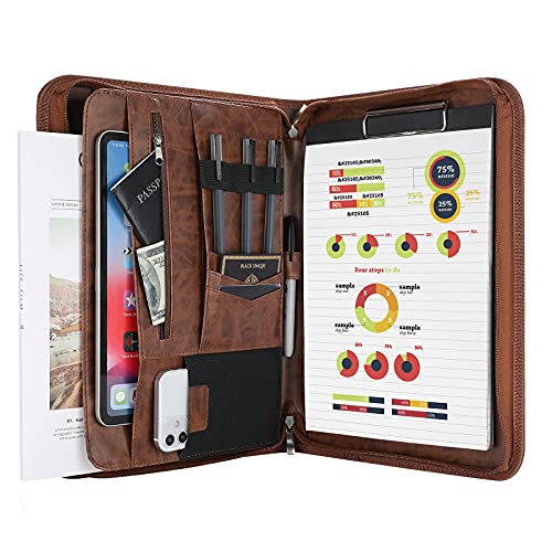 Image of ProCase Portfolio Business Padfolio Folder with Zipper, Conference Meeting Executive File Legal Document Organizer with Pockets Letter Size A4 Writing Pad Notepad Padfolio -Brown