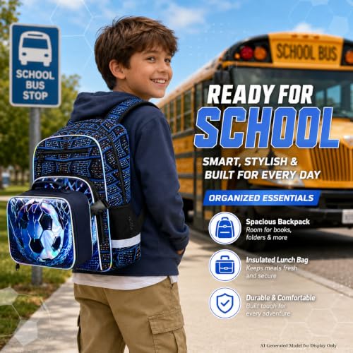 Image of HPJGD 3PCS Backpack for Kids, 17 inch Boys Soccer Preschool Bookbag Set with Clip-On Lunch Box, Water-Resistant School Bag for Elementary - Thrash Net Soccer